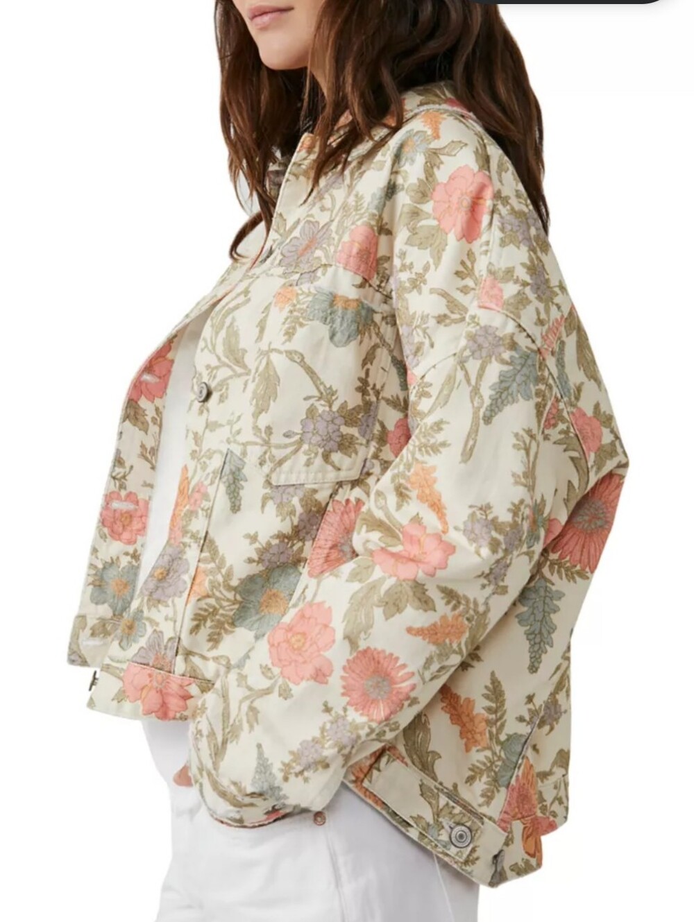 Free People Opal Swing Printed Jacket Floral Denim Boho Coat XS Earthy